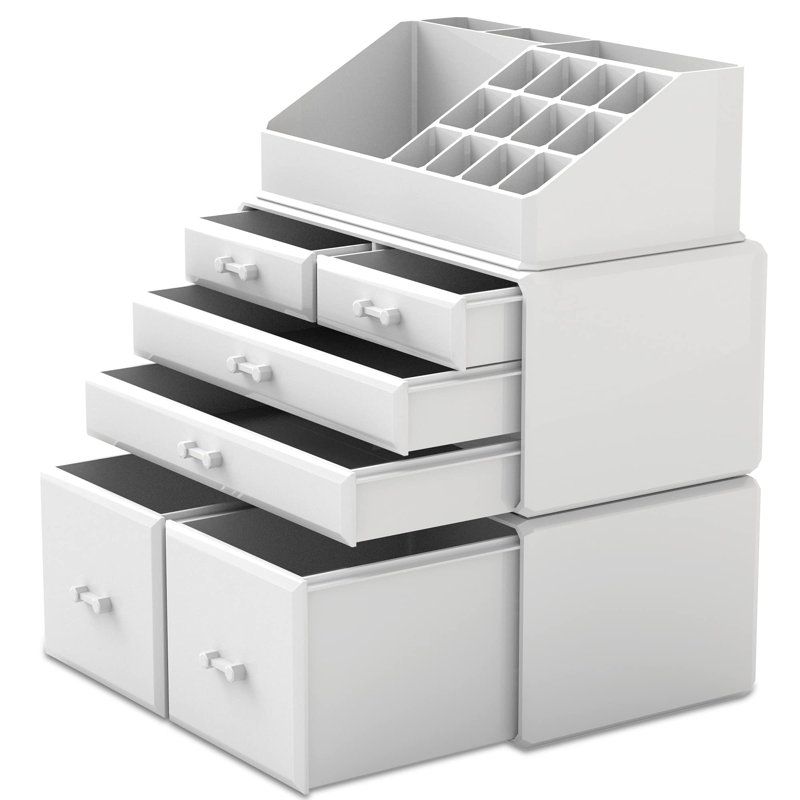 Étui de rangement pour maquillage 3 pièces avec 6 tiroirs, Blanc