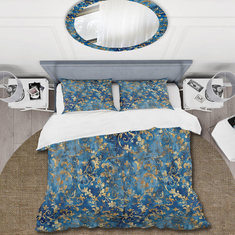 Ensemble de housse de couette damassé bleu et or et motif baroque, Housse de couette très grand + 2 taies décorativ