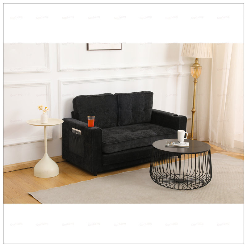 Canapé-lit futon convertible à 3 plis de 55 pouces, tissu en velours de lin pour petits espaces et multifonction, gris foncé