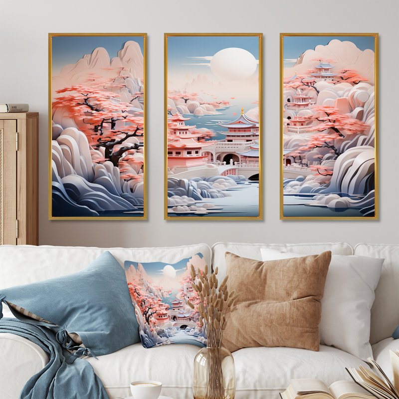 Minimalisme Chine, art papier, ensemble de décorations murales d'art chinois, Cadre flottant doré, H 32 po x l 48 po x P 1 po