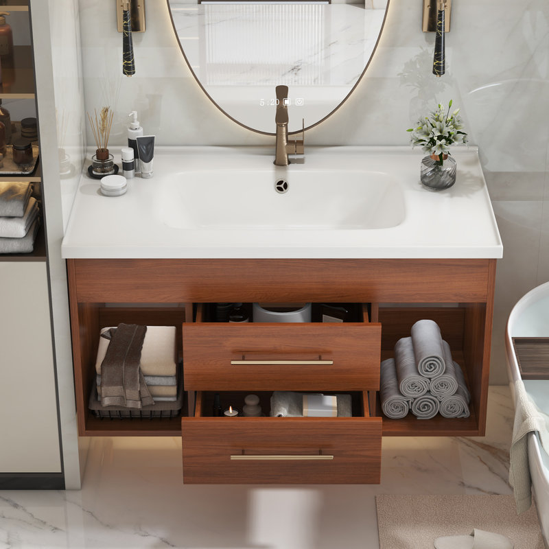35.4" Modern Bathroom Single Vanity With Ceramic Sink, Rubbed Bronze Handles, 2 Drawers & Open Shelves, Walnut