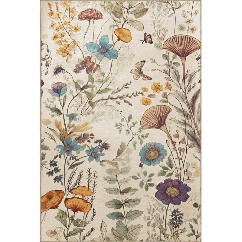Tapis décoratif multicolore lavable à motif floral multicolore, Sous-tapis rectangulaire de 3 pi 3 po x 4 pi 11 po