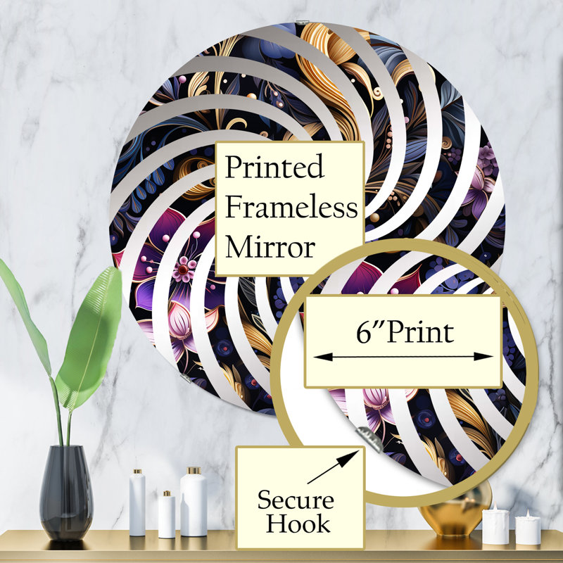 Paisley romantique bleu et mauve - Miroir décoratif Vortex | Rond, 31,4 po x 31,4 po