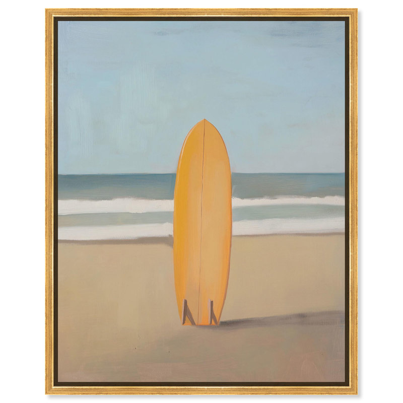 «Surfing Yellow Board Canvas Beach Coastal Art» par Art Remedy, Cadre flottant doré, H 21 po x l 17 po x P 1,8 po