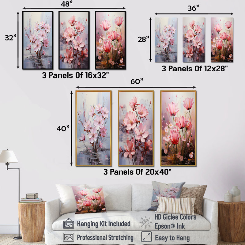 Ensemble de 4 reproductions d'art sur toile rose fuchsia, Cadre flottant brun, H 28 po x l 36 po