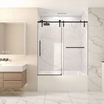 Premium | 56–60"W x 60"H | Frameless Glass Bathtub Shower Door, Fixed & Sliding Panel, 8mm SGCC/ANSI Tempered Glass, Nano Easy-Clean Coating, Shatterproof Film, Reversible Installation, Stainless Steel Hardware for Home, Apartment & Hotel Remodels