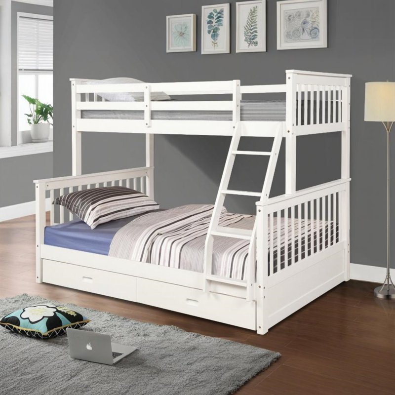 Lit superposé fonctionnel en bois avec tiroirs de rangement, échelle et garde-corps pour une utilisation optimale de l'espace et un sommeil confortable