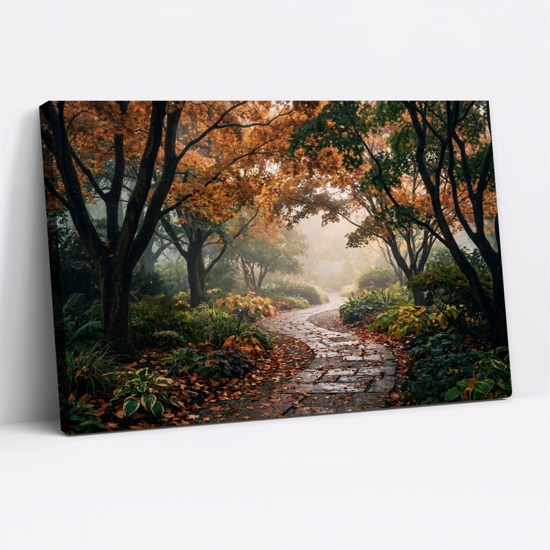 Chemin forestier brumeux d'automne avec allée de pierres - Tableau sur toile, 24"H x 36"W
