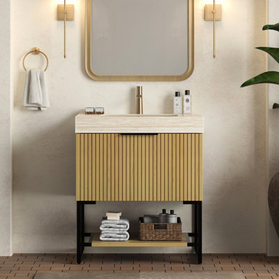 Meuble-lavabo autoportant de 30 po avec lavabo en céramique encastré, rangement en contreplaqué, comptoir en pierre frittée, tiroir et tablette ouverte, chêne, armoire rayée pré-assemblée, grain,