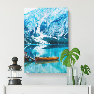 Docked Boat in Lago Di Braies Italy - Wrapped Canvas