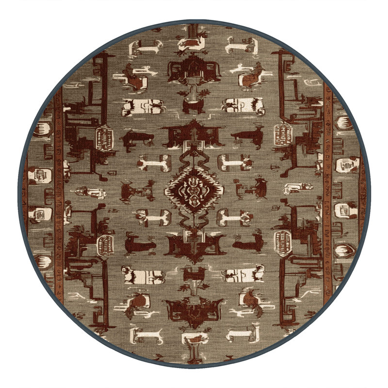 Tapis art déco brun lavable à la machine, Rond 7 pi