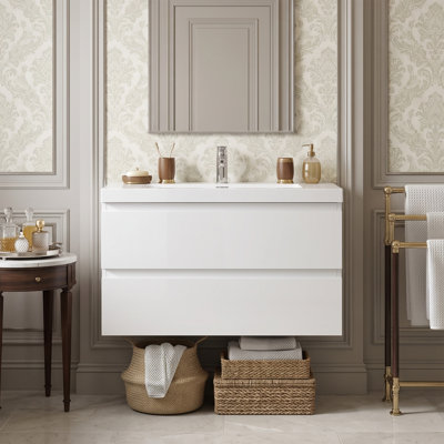 Meuble-lavabo mural de 91 cm (36 po) en blanc, armoire en mélamine imitation bois, lavabo intégré en résine et tiroirs à fermeture amortie, entièrement assemblé.