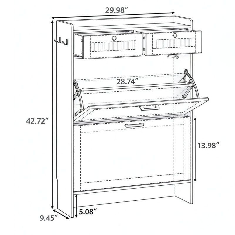 Foyer Shoe Storage Console with 2 Flip Drawers & 2 Utility Drawers | Contemporary Ribbed-Front Shoe Cabinet with Adjustable Shelves | Space-Saving Hidden Shoe Rack Cabinet for Corridor & Entry Hall