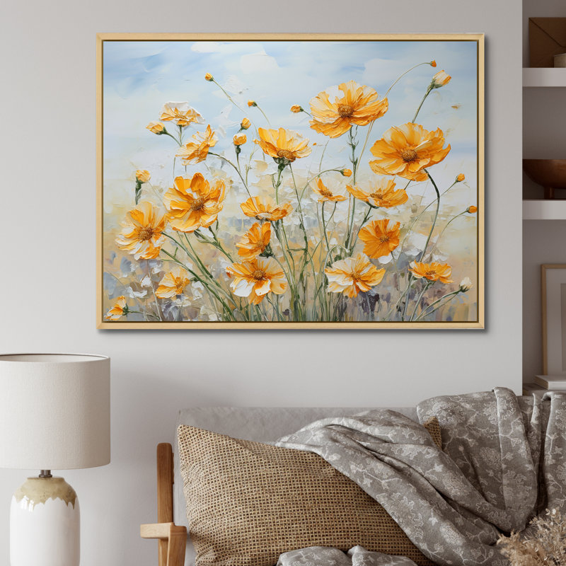 Charme de souci jaune discret II sur toile, Cadre naturel flottant, H 34 po x l 44 po x P 1,5 po