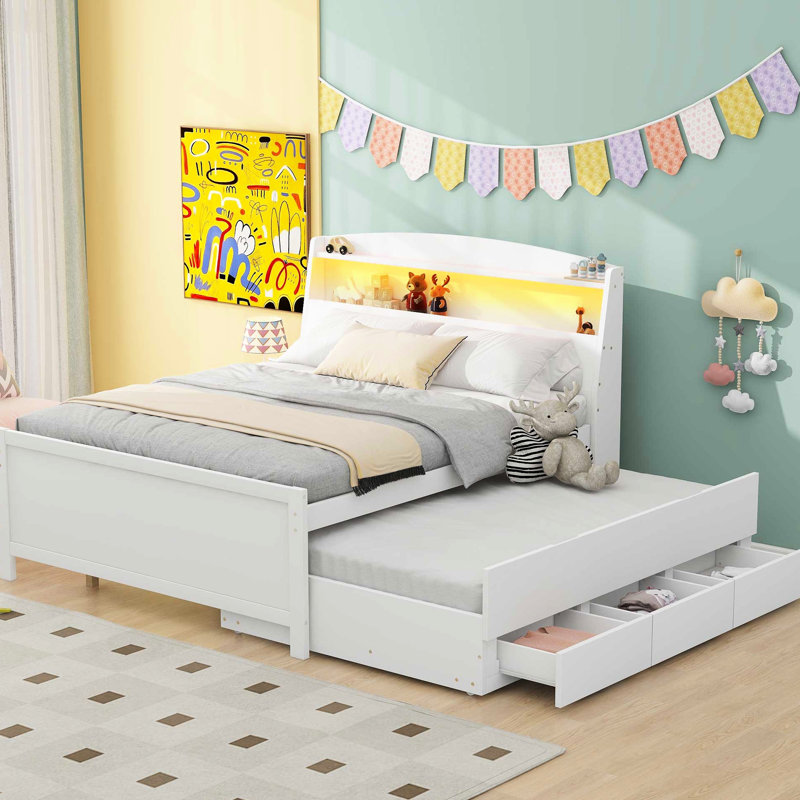 White Full Size Platform Bed With Storage Shelves & Led Headboard, Twin Trundle, 3 Drawers - Solid Wood And Framework For Long-Term Use Storage, Robust Construction A Practical Bedroom