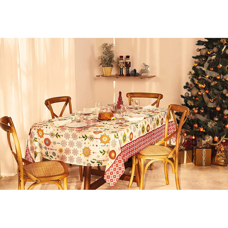 Aavah Christmas Holiday Tablecloth in Cream and Red Color Printed with Ornaments and Snowflakes, 55"W x 83" L