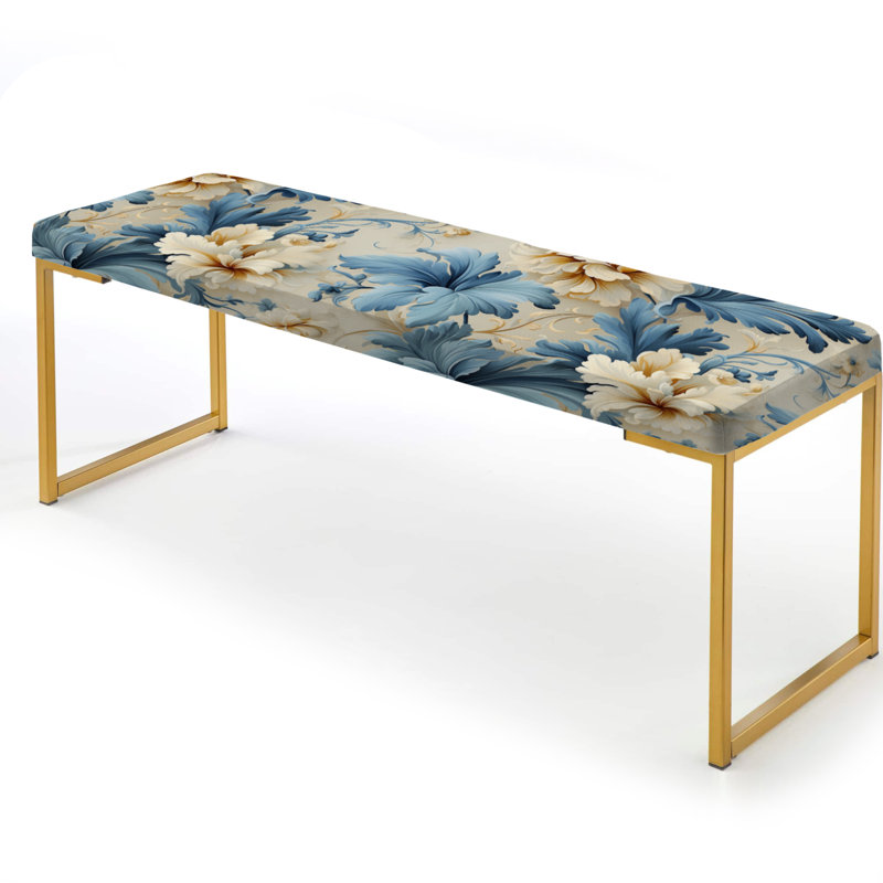 Blanc et bleu damassé en fleurs - Banc rembourré en damas doré