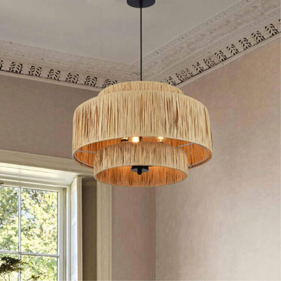3-Light Boho Chandelier, Natural Paper Rope Hanging Pendant Light, 3-Tiered Farmhouse Ceiling Light Fixture with Raffia Paper Shade for Bedroom, Dining Room, Living Room