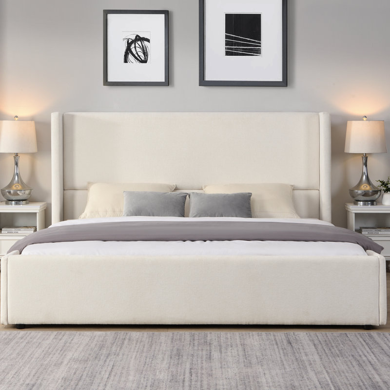 Elegant White Upholstered King Bed With High Statement Wingback Headboard, To Wear And Tear, Complementary Multiple Styles In Soft Fabric, Construction, Comfortable For Reading Relaxing,