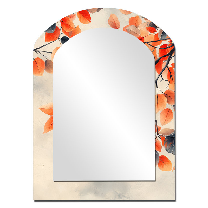 Orange Autumn Leaves II - miroir asymétrique à feuilles, miroir mural décoratif orange, impression sur métal, 34 po x 25 po