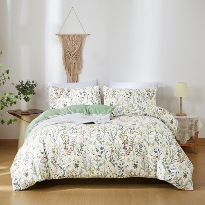 Nayoroom Boho Floral Green Solid Color Reversible Ultra Soft Duvet Cover