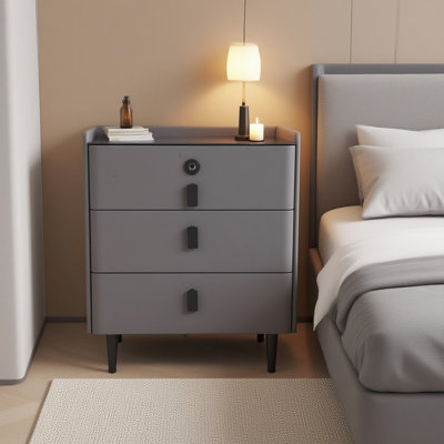 Smart Multifunctional Three-drawer Bedside Cabinet, Dark Grey, Tempered Glass Panel, Fingerprint Lock, Bluetooth Speaker, Wireless Charging by Ivy Bronx
