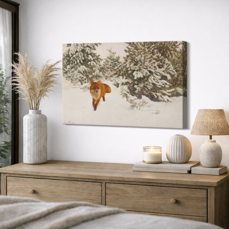 Renard dans une forêt de pins enneigée, chambre à coucher, impression sur toile encadrée, H 12 po x l 18 po, Toile tendue