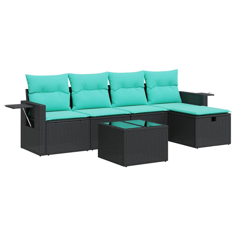  Ensemble de canapé de patio 6 pièces avec coussins en rotin de polyester, Noir, noir, noir, noir, Vert