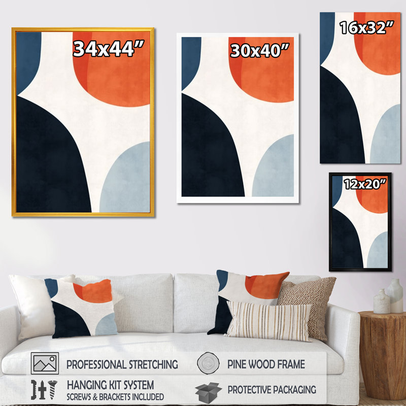 Blue And Orange Minimal Boho Pattern 3, 32" H x 24" W x 1" D, Black Floater Framed