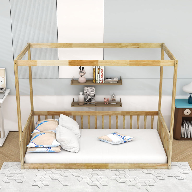 Wooden Canopy Floor Bed With Fence, Natural, Twin