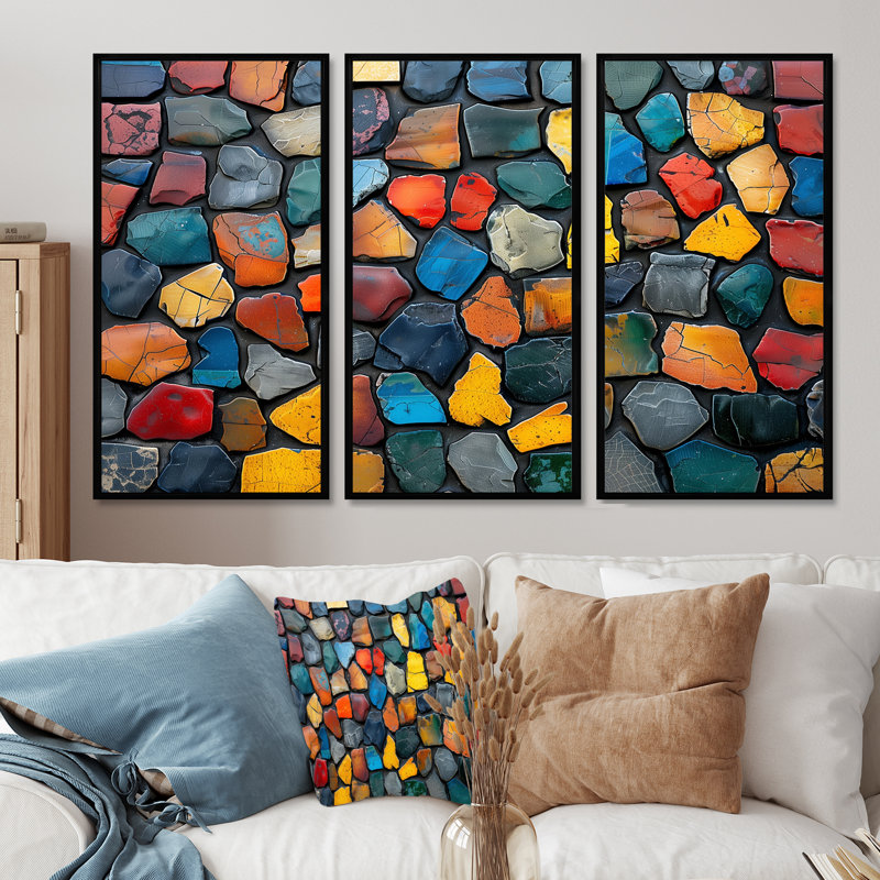 «Colorful Mosaic Tiles Beauty II - Boho Mosaic Decor», ensemble de reproduction d'art mural, Toile avec cadre flottant noir