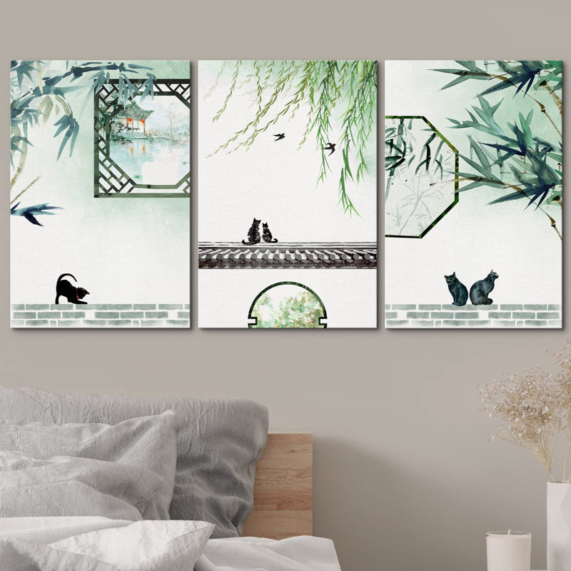 Décoration murale moderne chats jouant dans un jardin chinois, Toile tendue, H 24 po x l 48 po