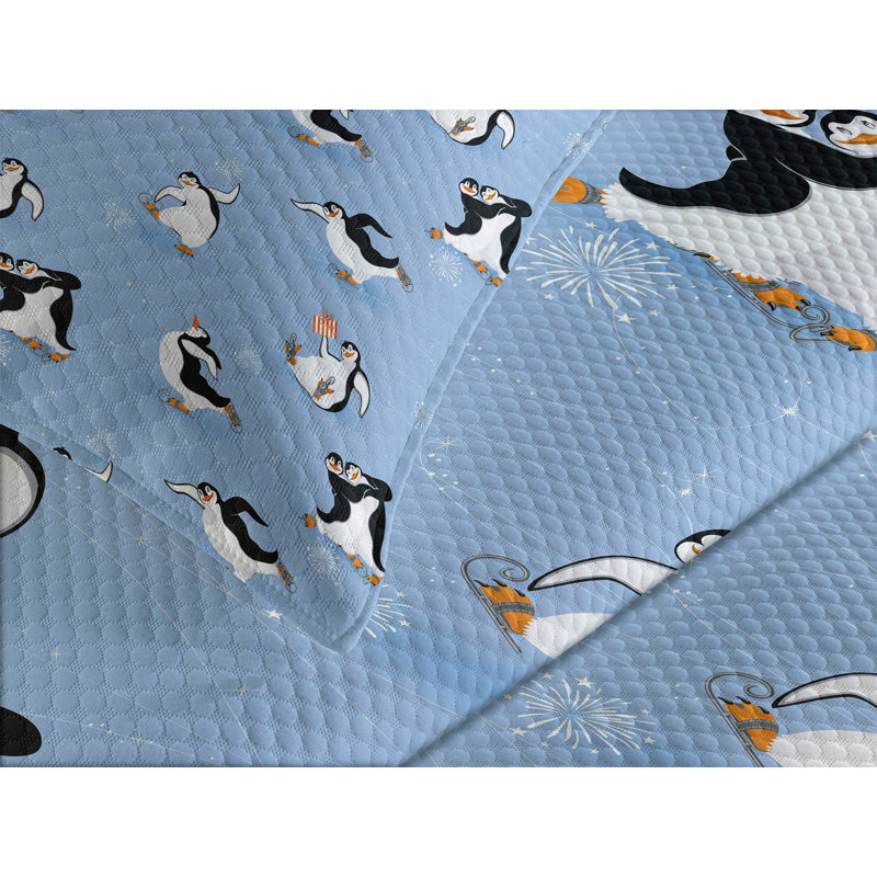 Ambesonne Cartoon Animal Bedspread Set Skating Penguins Multicolor, King Bedspread + 2 Standard Shams
