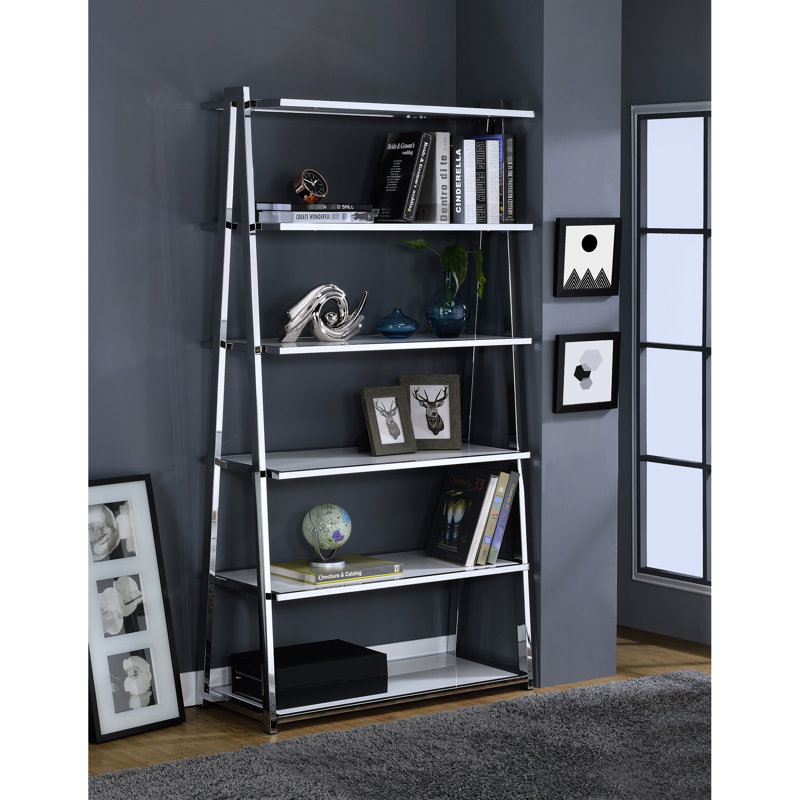 Bibliothèque rectangulaire avec cadre en métal et tablettes en bois ultrabrillantes - 6 tablettes, matériau de placage, placage accentué de 10 lb