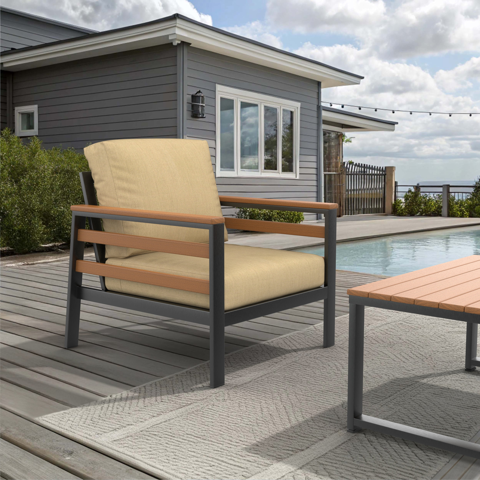 Townsend Patio Chair with Sunbrella® Cushions, Sunbrella Cavnas Heather Beige, Brown
