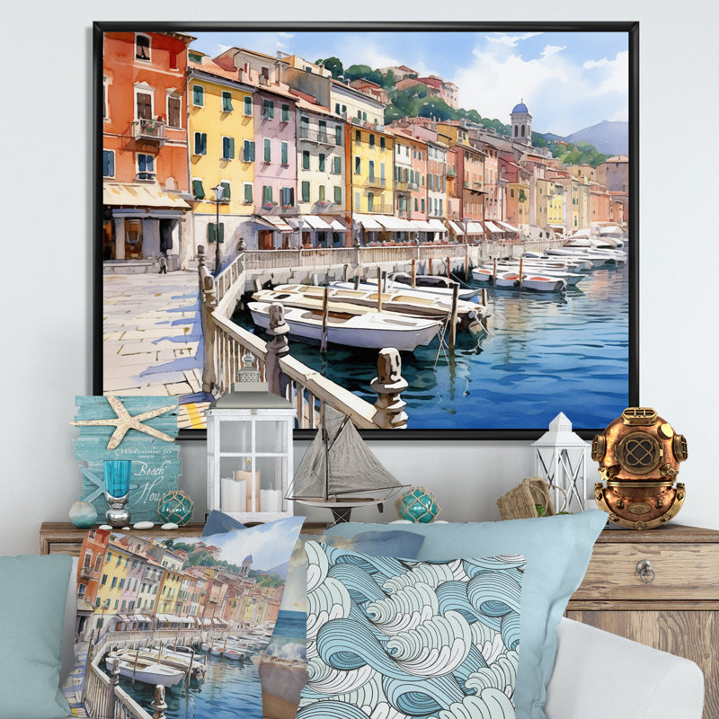 «Italie», charme côtier sur toile, 12" H x 20" W, Cadre flottant noir