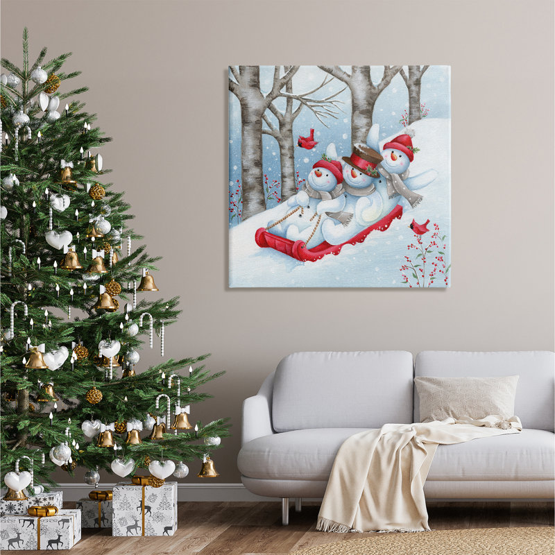 Joyeux bonhomme de neige en trio sur toile par Emma Leach, H 36 po x l 36 po x P 1,5 po
