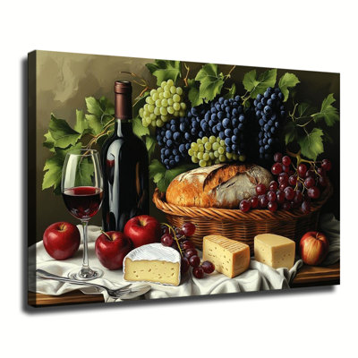Nature morte vintage avec raisins rouges, pain et fromage, peinture à l'huile sur toile tendue grand format, idéale pour le salon ou la chambre.