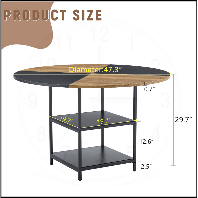 Table de salle à manger de 47,3 pouces de diamètre à épissure circulaire avec rangement double couche, en bois et en forme de ventilateur noir pour l'esthétique et la fonctionnalité de la maison
