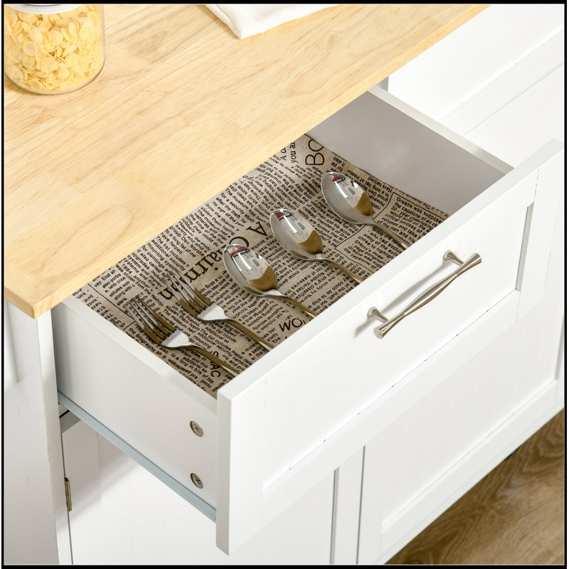 41" Modern Rolling Kitchen Island On Wheels, Rubberwood Top, Drawers, White