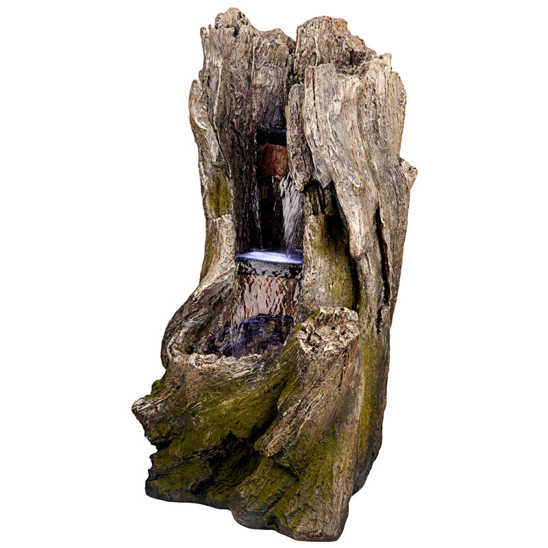 Natural Tree Trunk Resin Cascading Creek Garden Fountain with LED Light