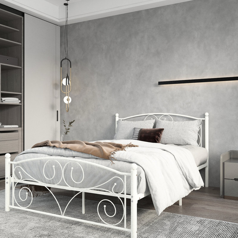 Full Size Bed Frame, White Metal, Unique Flower Structure, Noise - Assembly, Easy To Put Together, No Box Spring Metal Frame With Finish, Design, Quiet And Stable, Needed
