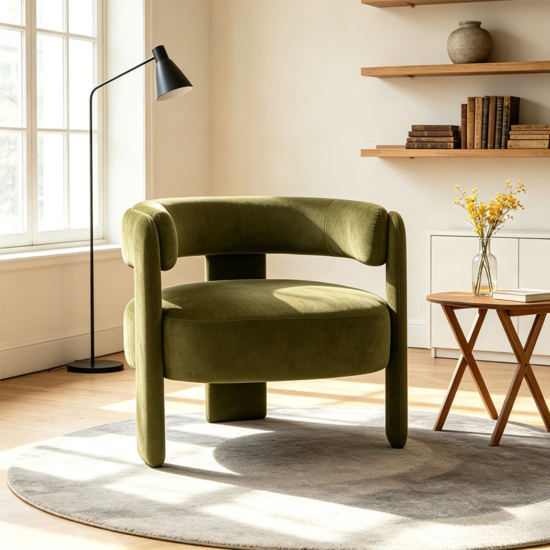 Fauteuil d'appoint moderne en velours avec dossier ajouré incurvé et pieds en bois, Vert