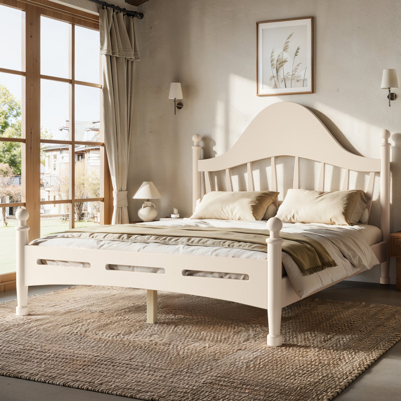 Lit plateforme avec tête de lit chic, structure en bois massif, support à lattes, pas de sommier tapissier, conception basse à terre, beige