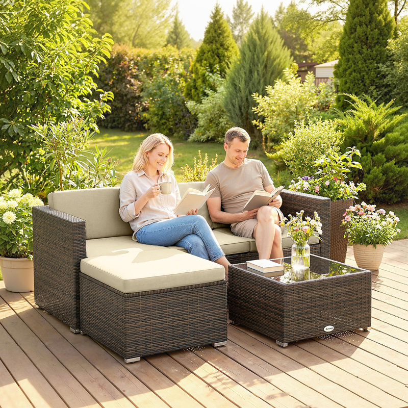 Mobilier de patio en osier avec coussins rembourrés, ensembles de canapé d'angle, kaki, Beige