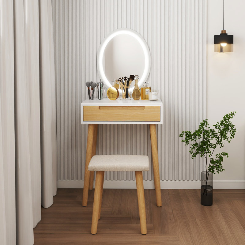 Leicester Vanity Table Set with Adjustable Brightness Mirror and Cushioned Stool, Wood/White