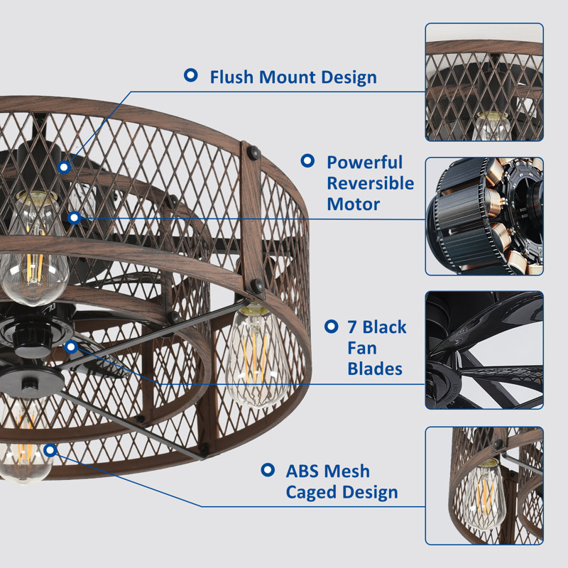 Ventilateur de plafond de style ferme en cage de 20 pouces avec lumière, télécommande et commande APP, moteur à courant continu silencieux, compatible