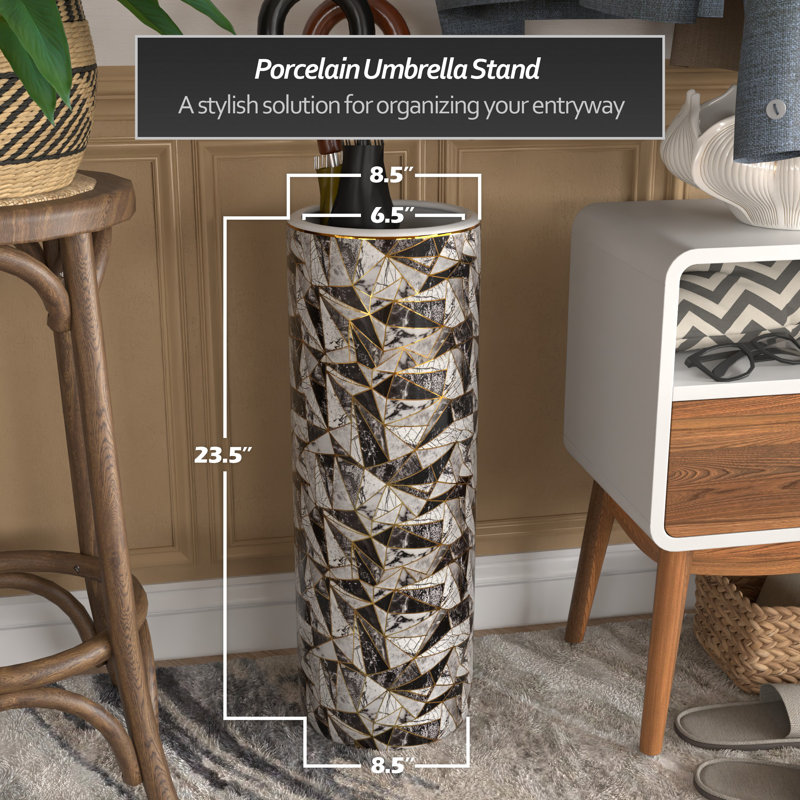 24" Abstract Green & Gold Umbrella Stand, Modern Marble