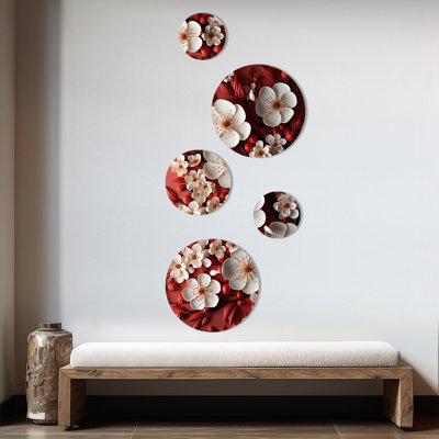 Orchidées blanches et rouges II - ensemble d'art mural abstrait floral rond de 5