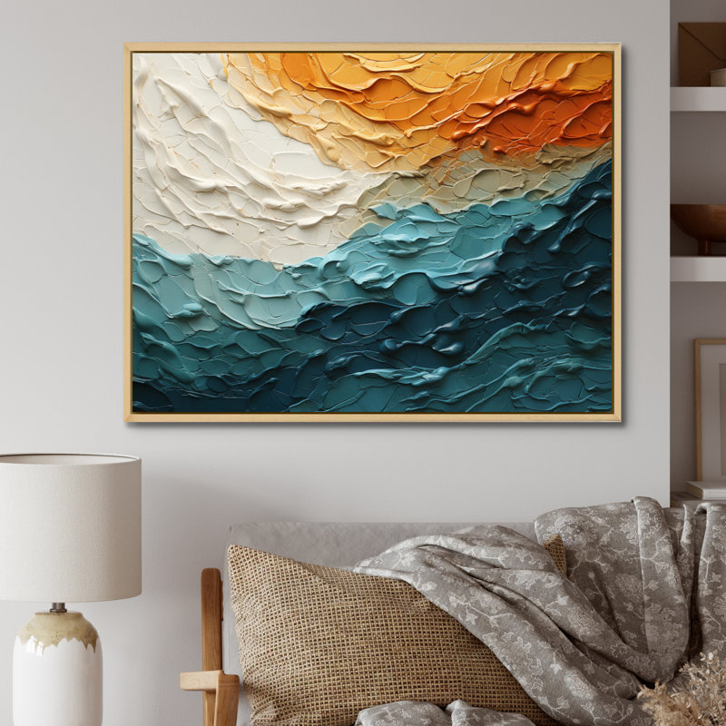Collage bleu sarcelle orange océan Essence, H 12 po x l 20 po x P 1 po, Cadre flottant érable